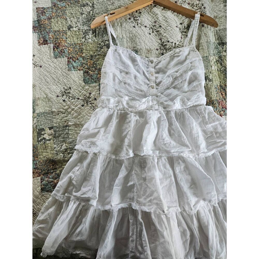 American Eagle White Tiered Lace Mini Dress Cottagecore Boho Ruffle Smocked M